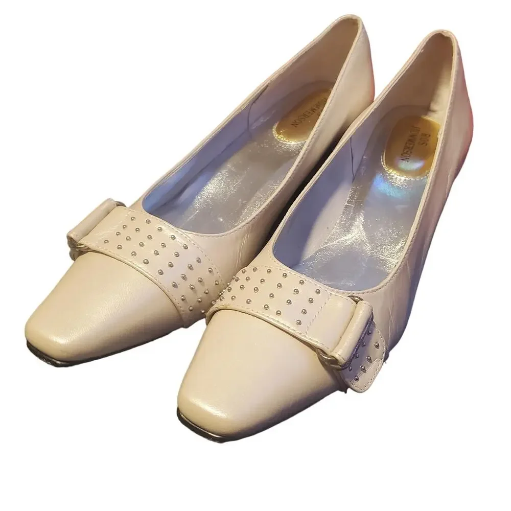 ROS HOMMERSON Size 7.5N Narrow Berry Nappa Leather in Bone Low Heel Pumps FLAW